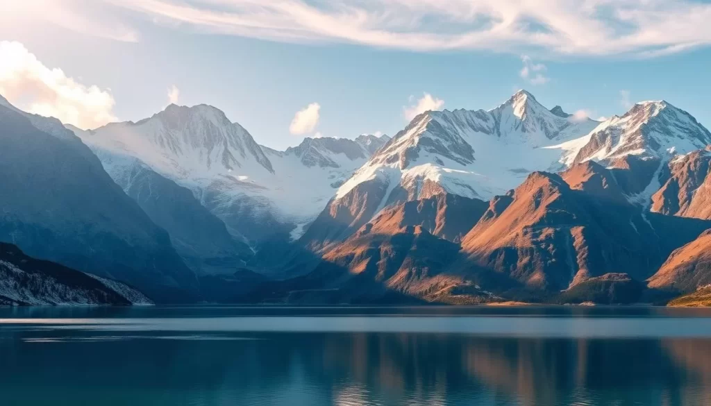 Majestic Mackenzie Mountains rising majestically amidst a pristine wilderness, shrouded in a soft, ethereal light. Towering peaks adorned with snowcaps glisten under the warm sun, casting long shadows across the rugged, untamed landscape. In the foreground, a serene alpine lake reflects the grandeur of the surrounding mountains, inviting viewers to immerse themselves in the tranquil beauty of this untamed northern expanse. Wispy clouds drift overhead, lending a sense of timelessness to the scene. Captured through the lens of a wide-angle camera, this image conveys the awe-inspiring scale and untamed wonder of the Mackenzie Mountains in Northwest Territories.