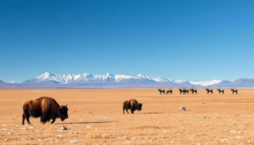 Majestic arctic landscape, the vast tundra of Auyuittuq National Park under a clear blue sky. In the foreground, a family of musk oxen grazing peacefully, their thick woolly coats glistening in the warm sunlight. In the middle ground, a herd of caribou moving gracefully across the rolling hills, their antlers silhouetted against the horizon. Distant mountain peaks rise into the crisp air, their snow-capped summits casting long shadows across the pristine wilderness. A serene, untouched scene teeming with the vibrant wildlife of this northern paradise.
