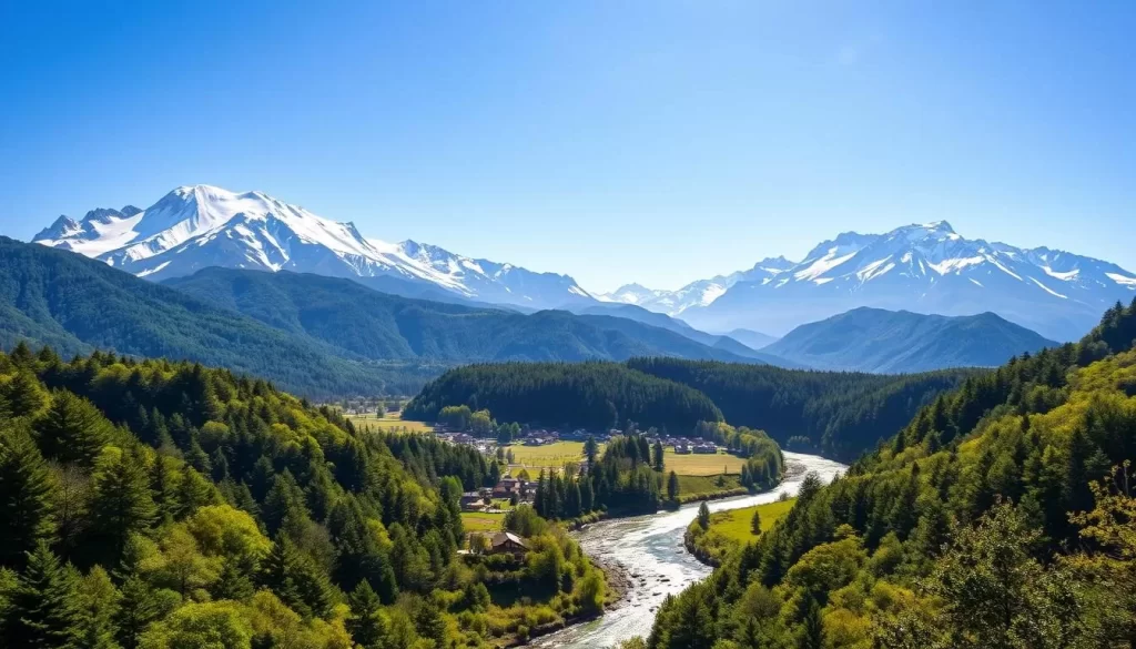 Majestic snow-capped peaks of the Japanese Alps rise majestically against a clear azure sky, their jagged silhouettes casting dramatic shadows over the lush, forested valleys below. A glistening river winds its way through the rugged landscape, its waters reflecting the vibrant green hues of the surrounding foliage. In the middle distance, traditional thatched-roof farmhouses dot the pastoral countryside, offering a glimpse into the region's storied history. Warm, diffused sunlight bathes the entire scene, creating a sense of tranquility and timelessness. Capture the essence of Gifu Prefecture's unique geography and climate in a single, breathtaking landscape.