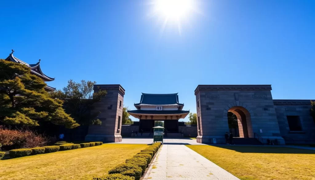 Majestic stone gates of the Tokyo Imperial Palace, standing tall against a clear blue sky. Sunlight dances across the ornate roofs and intricate carvings, casting warm shadows on the surrounding garden. In the foreground, a well-tended pathway leads visitors through the Kokyo Gaien National Garden, inviting exploration. The tranquil atmosphere and harmonious blend of nature and architecture create a serene and captivating scene, befitting the grandeur of this historic site.