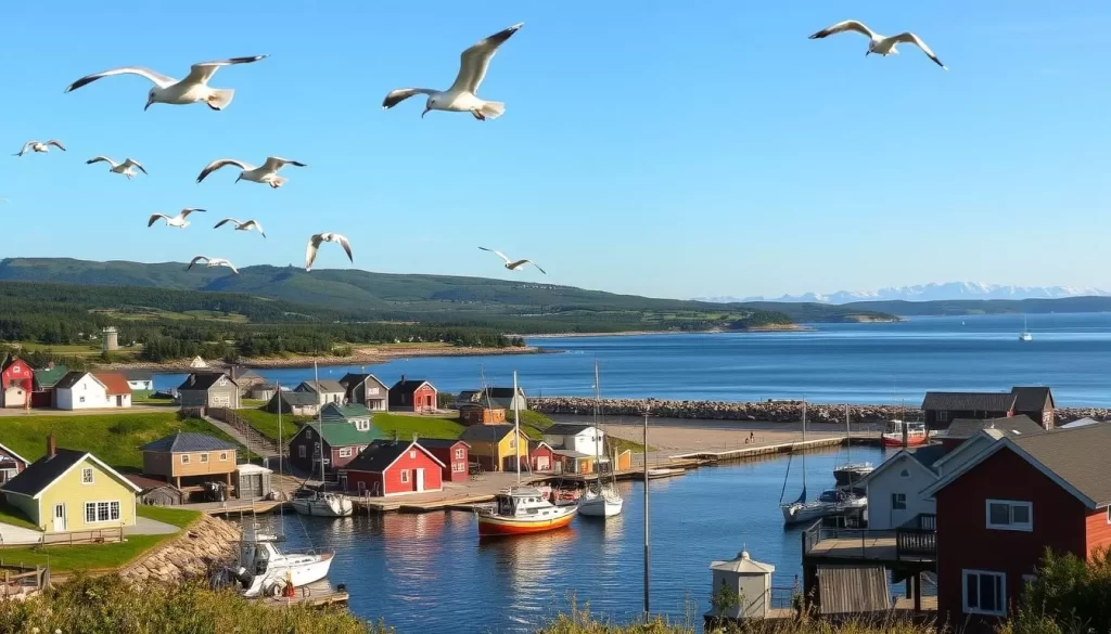 Malpeque Bay, Prince Edward Island, on a sunny summer day. In the foreground, a picturesque fishing village with colorful wooden houses and boats bobbing in the calm waters. Seagulls soar overhead, their cries mingling with the gentle lapping of waves. In the middle ground, the serene bay stretches out, its surface reflecting the surrounding lush green hills and the distant white-capped mountains. Warm golden light bathes the scene, creating a serene and inviting atmosphere. A wide-angle lens captures the tranquil charm of this quintessential Maritime landscape.