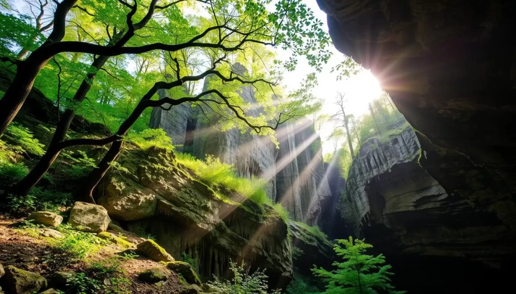 Maquoketa Caves State Park, Iowa: a lush, verdant landscape dotted with towering limestone formations and ethereal underground caverns. Capture the serene ambiance of a sun-dappled day, as beams of light filter through the canopy of ancient trees, casting a warm glow upon the rugged, moss-covered rock formations. Delve into the park's subterranean wonders, showcasing the intricate network of caves, their shadowy interiors punctuated by dramatic stalactites and stalagmites. Convey a sense of exploration and discovery, as visitors navigate the winding trails, marveling at the natural splendor that lies beneath the surface. Breathe life into the "Discovering Iowa's Underground Wonderland" experience, evoking a captivating blend of wonder, serenity, and the thrill of the unknown.