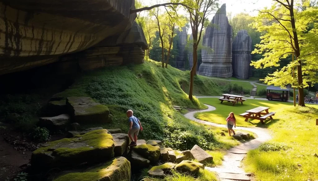 Maquoketa Caves State Park, Iowa. A lush, verdant landscape dotted with towering limestone formations. In the foreground, a family of four explores the winding trails, admiring the natural beauty. The children scramble over the mossy rocks, peering into the shadowy cave entrances. Warm, golden sunlight filters through the canopy of trees, casting a serene glow over the scene. In the background, a small picnic area with wooden tables, inviting visitors to pause and enjoy a meal amidst the tranquil surroundings. The atmosphere is one of wonder, discovery, and quality time shared together in this idyllic natural wonder.