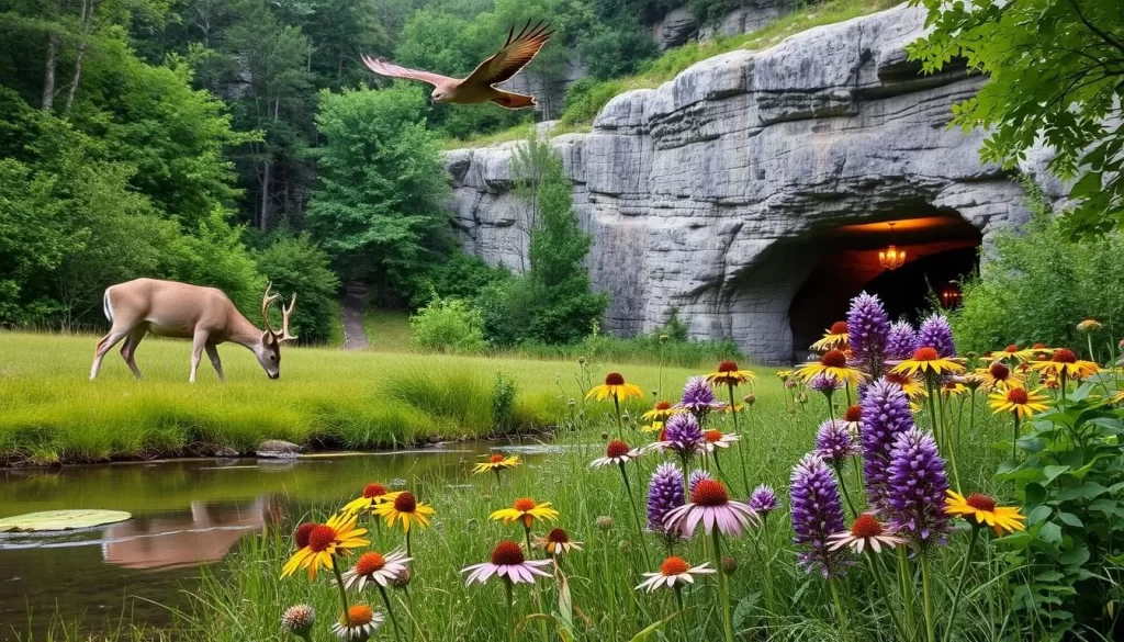 Maquoketa Caves State Park in Iowa, a lush and verdant landscape teeming with wildlife. In the foreground, a whitetail deer grazes peacefully, its gentle movements reflected in a nearby stream. Overhead, a red-tailed hawk glides effortlessly, scanning the area for prey. In the middle ground, a diverse array of wildflowers, including vibrant purple coneflowers and golden-hued black-eyed Susans, sway in the soft breeze. The background features the iconic limestone caves, their rugged exterior illuminated by warm, natural lighting, inviting visitors to explore the park's hidden wonders. The overall scene exudes a sense of tranquility and harmony, capturing the essence of this remarkable natural sanctuary.