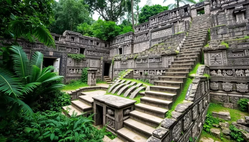 Mayan ruins at Copán with stone carvings and hieroglyphic stairways