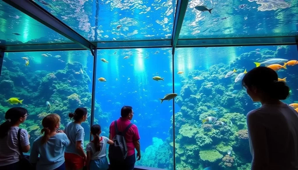 Miyako Island Underwater Park's underwater observation area with visitors observing marine life