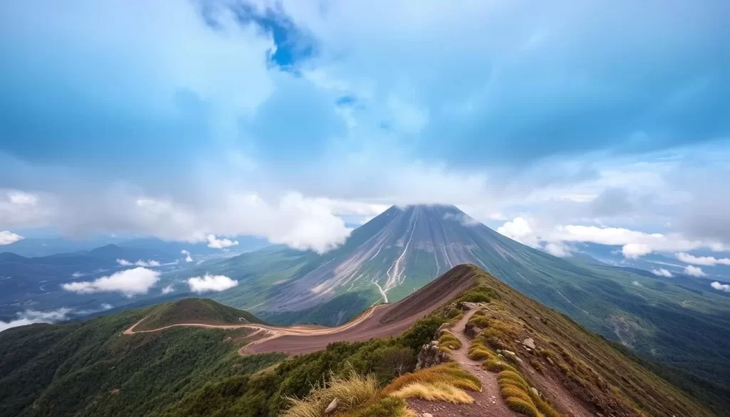 Mount Iwate, a majestic stratovolcano near Morioka, Japan, with a hiking trail leading to its summit.