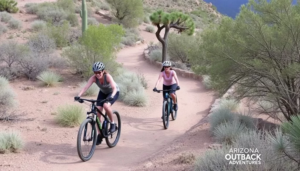 Mountain bikers riding through the trails of Usery Mountain Regional Park with Arizona Outback Adventures guides.
