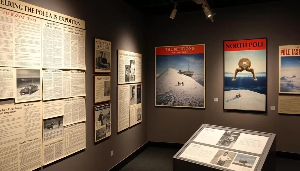 North Pole Expedition Museum display with newspaper clippings and posters