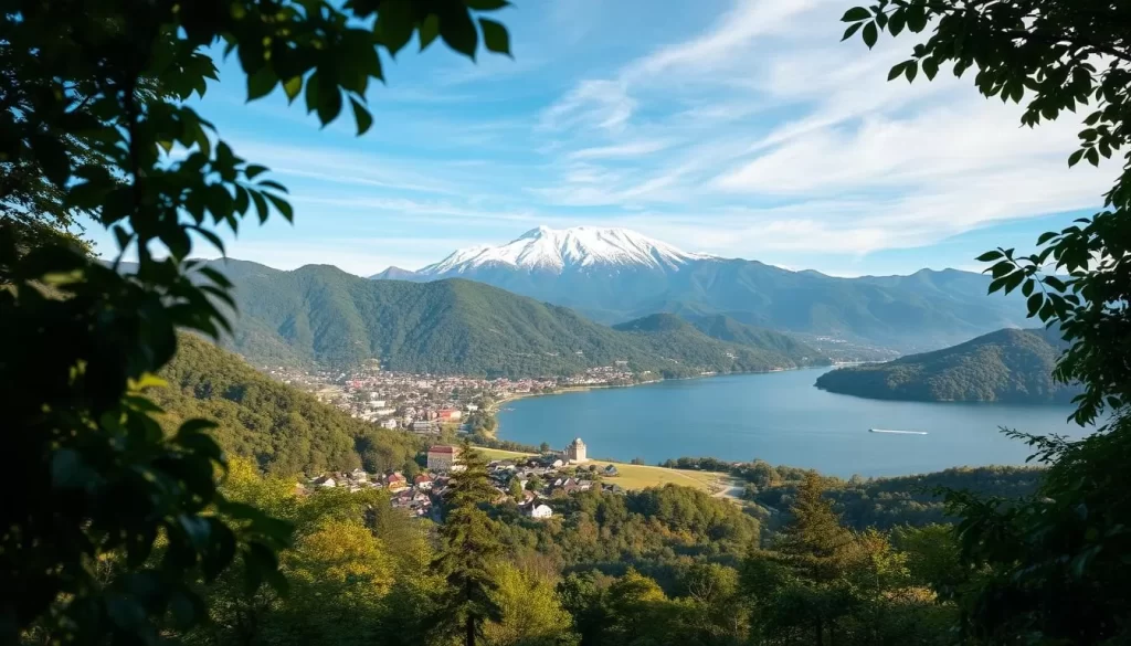 Ōita Prefecture, a cultural oasis in Japan, where towering mountains and verdant forests converge with tranquil hot springs and serene coastal landscapes. Capture the essence of this natural wonder with a wide-angle shot showcasing a breathtaking vista. In the foreground, lush foliage frames the scene, leading the eye towards a picturesque village nestled among rolling hills. In the middle ground, a serene lake reflects the surrounding peaks, their snow-capped summits bathed in warm, golden light. The background features a majestic mountain range, its rugged silhouette stretching towards a vibrant, azure sky. Imbue the image with a sense of peace and harmony, inviting the viewer to immerse themselves in the captivating beauty of Ōita Prefecture.