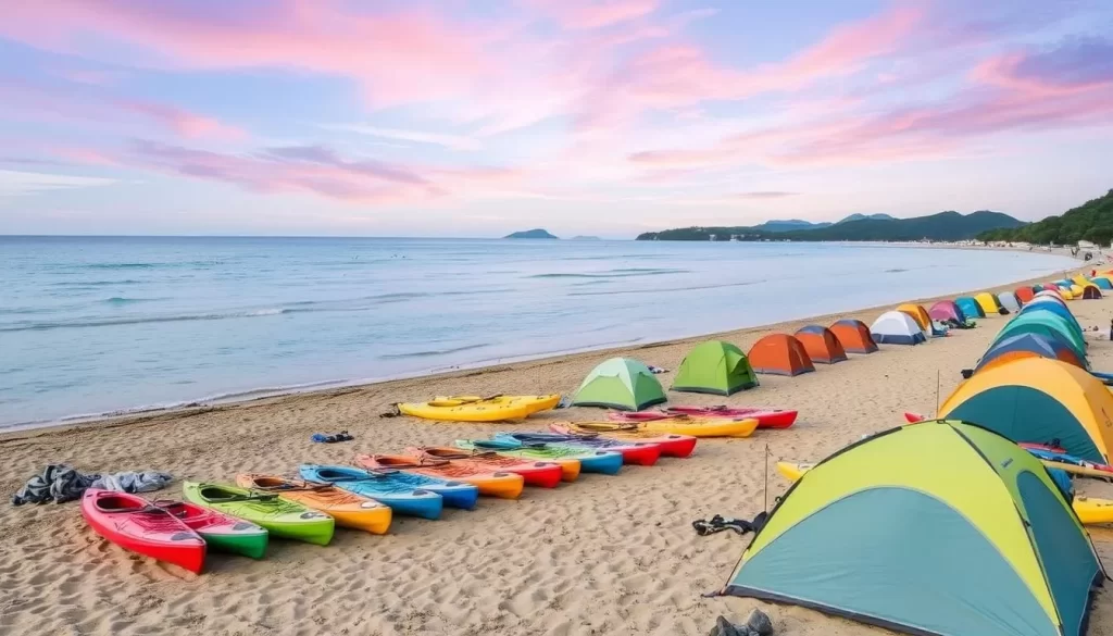 Okushi Beach campsite with kayaks and tents on Osakikamijima Island, Japan