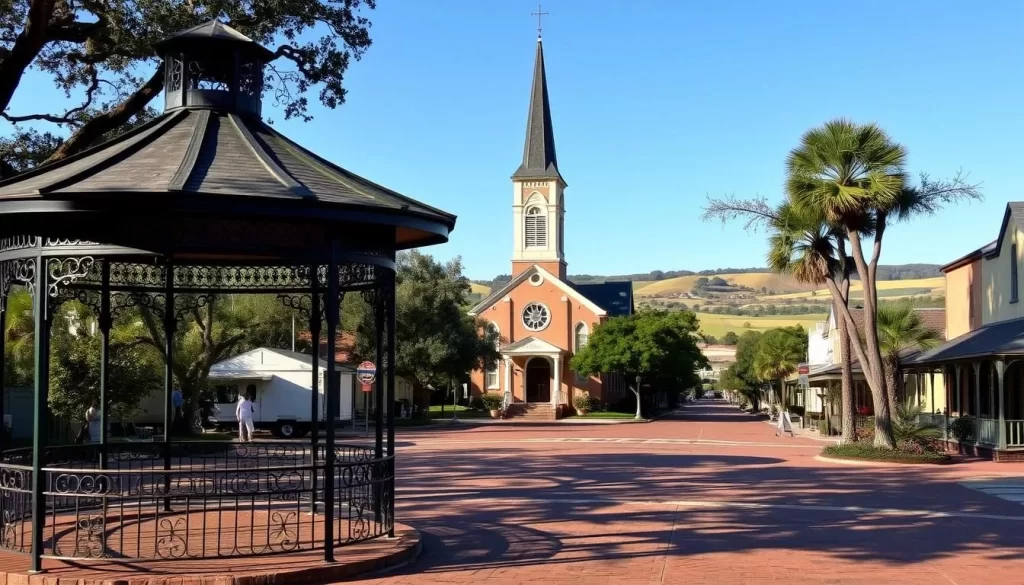 Opelousas, Louisiana: a charming southern town, its historic streets lined with live oak trees and quaint antebellum homes. In the foreground, a wrought-iron gazebo stands as a popular gathering spot, its intricate metalwork casting delicate shadows across the brick pathways. The middle ground showcases the stately St. Landry Catholic Church, its towering steeple and grand facade capturing the town's deep-rooted heritage. In the background, rolling hills and a clear blue sky create a picturesque pastoral scene, evoking a sense of tranquility and timelessness. The overall composition conveys the warmth, character, and allure of this quintessential Louisiana destination.