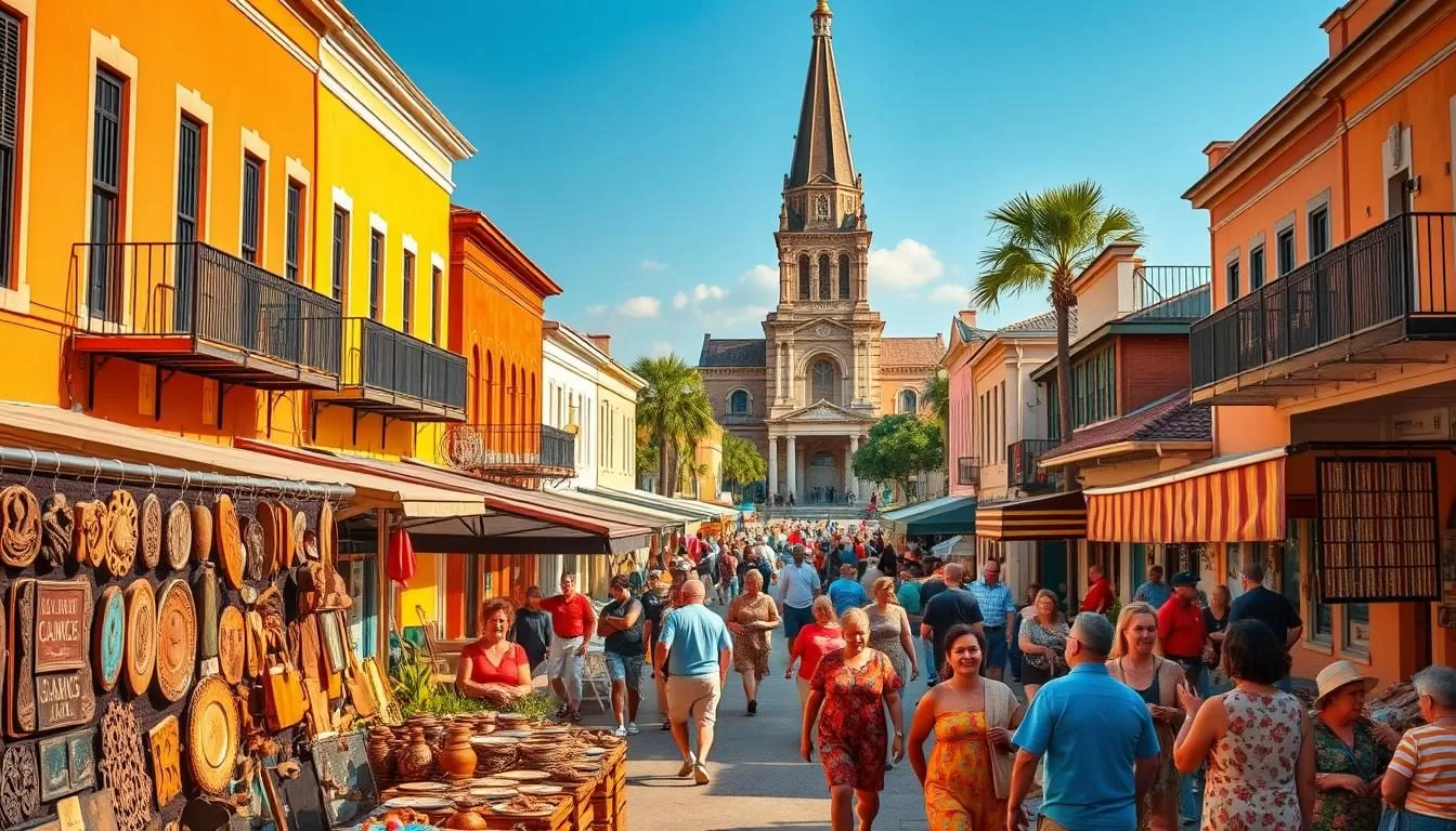 Opelousas, Louisiana: a vibrant tapestry of Creole culture and heritage. A sun-dappled town square, bustling with locals and visitors alike, surrounded by historic buildings in warm hues. In the foreground, artisans showcase their handcrafted wares, from intricate woodcarvings to vibrant textiles. The middle ground reveals a lively street scene, with people strolling, dining, and interacting, immersed in the rhythmic beats of Zydeco music. In the background, the steeple of a grand, ornate church stands tall, a testament to the deep-rooted faith of the community. Soft, warm lighting bathes the entire scene, capturing the inviting atmosphere and the essence of Opelousas' cultural richness.