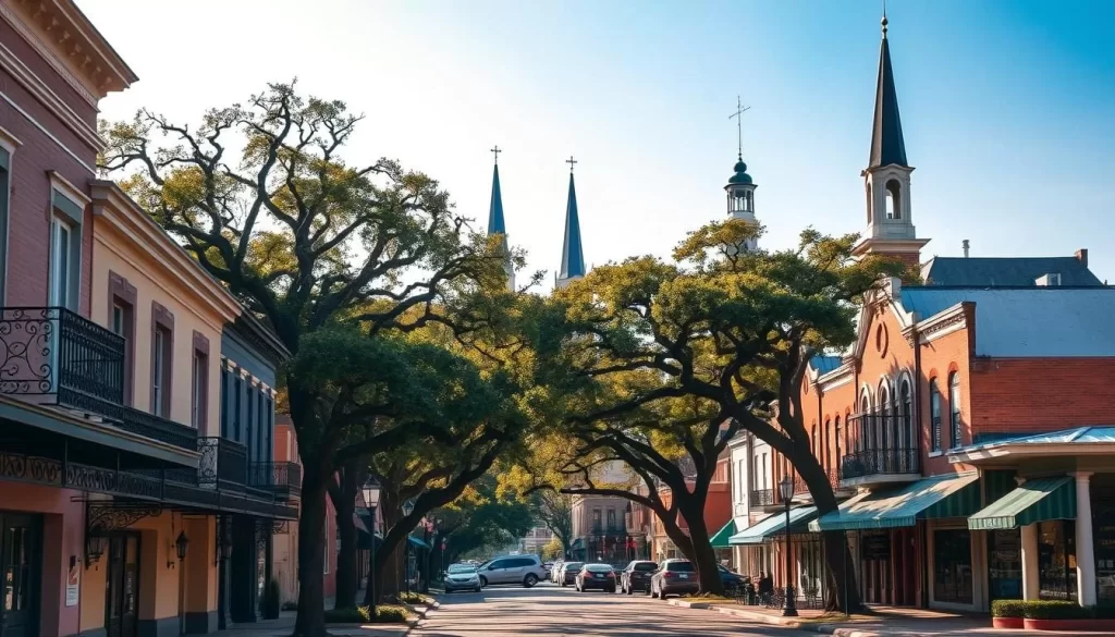 Opelousas, Louisiana cityscape - a vibrant tapestry of historic buildings, lush greenery, and bustling streets. In the foreground, charming Colonial-style structures with ornate wrought-iron balconies line the sidewalks, their warm hues reflected in the sunlit pavement. Mid-ground, towering oak trees sway gently, their branches casting dappled shadows across the scene. In the background, the steeples of St. Landry Catholic Church and other architectural gems pierce the clear, azure sky, creating a picturesque skyline. Warm, golden lighting bathes the entire scene, infusing it with a sense of timeless elegance and community charm. This is the Opelousas Cultural District, a testament to the city's rich heritage and vibrant present.
