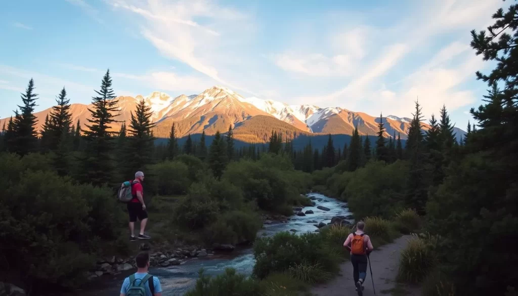Outdoor Activities for Every Adventurer: A serene forest landscape with a gentle stream flowing through the middle ground. Hikers exploring a well-worn trail in the foreground, their backpacks and hiking gear visible. In the background, a majestic mountain range with snow-capped peaks glowing under warm, golden sunlight. Lush, verdant foliage surrounding the scene, creating a sense of tranquility and connection with nature. A clear, blue sky overhead, with wispy clouds adding depth and dimension. The overall mood is one of adventure, exploration, and the beauty of the great outdoors.