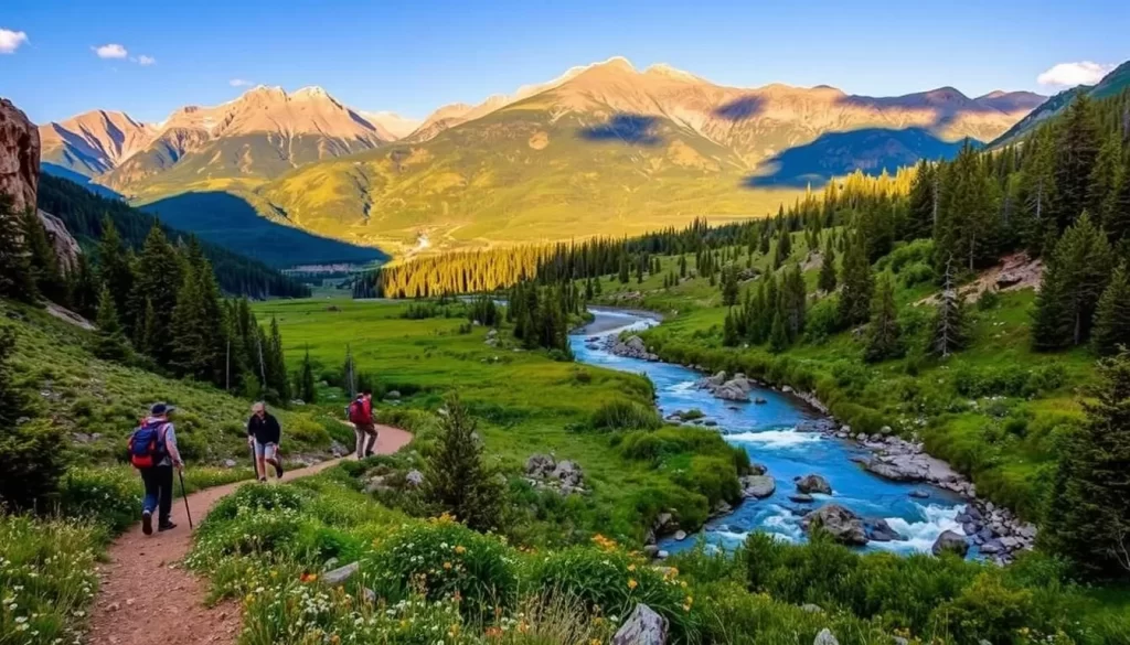 Outdoor adventures in Taos, New Mexico: a vibrant landscape of rugged mountains, lush meadows, and meandering rivers. In the foreground, hikers traverse a winding trail, taking in the panoramic views. In the middle ground, a swift-flowing stream cuts through the verdant foliage, inviting visitors to cool off on a warm summer day. The background is dominated by the majestic Sangre de Cristo Mountains, their peaks bathed in golden sunlight. The scene is imbued with a sense of tranquility and adventure, capturing the essence of the great outdoors in this enchanting corner of the American Southwest.