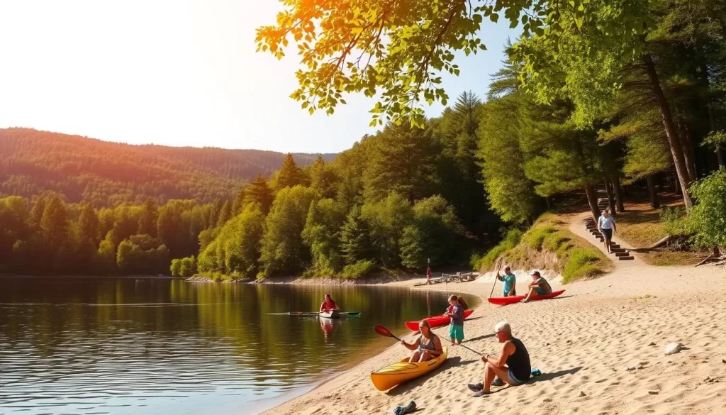 Outdoor recreation in a serene lakeside setting. A panoramic view of Canadohta Lake, its calm waters reflecting the surrounding lush forest and picturesque hills. In the foreground, people engaged in various activities - kayaking, fishing, and relaxing on the sandy beach. The middle ground features a well-maintained hiking trail winding through the verdant trees. Warm, golden sunlight filters through the foliage, creating a tranquil and inviting atmosphere. The overall scene captures the natural beauty and recreational opportunities that make Canadohta Lake a premier destination for outdoor enthusiasts.