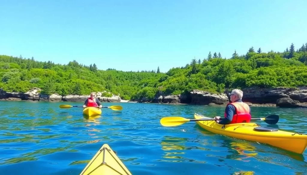 Outside Expeditions kayaking tour in North Rustico, Prince Edward Island, with kayakers paddling along the coastline.