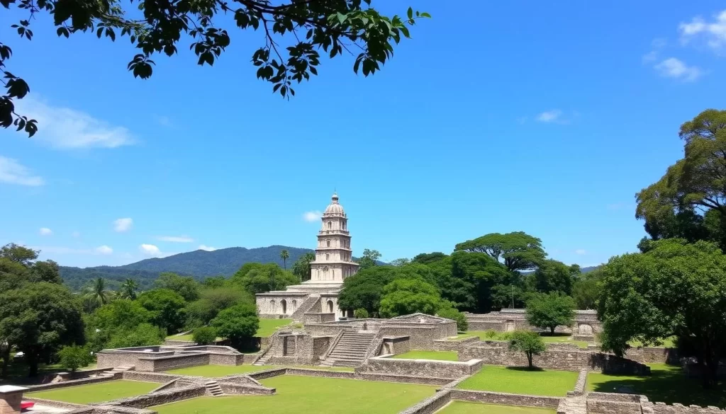 Panama Viejo archaeological site with ruins and cathedral tower