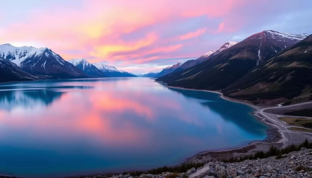 Panoramic view of Kluane Lake with surrounding mountains