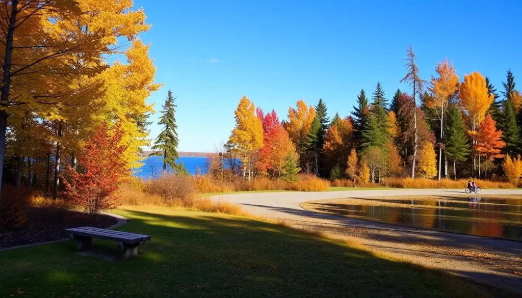 Patricia Beach Provincial Park Manitoba with vibrant fall foliage and serene lake views