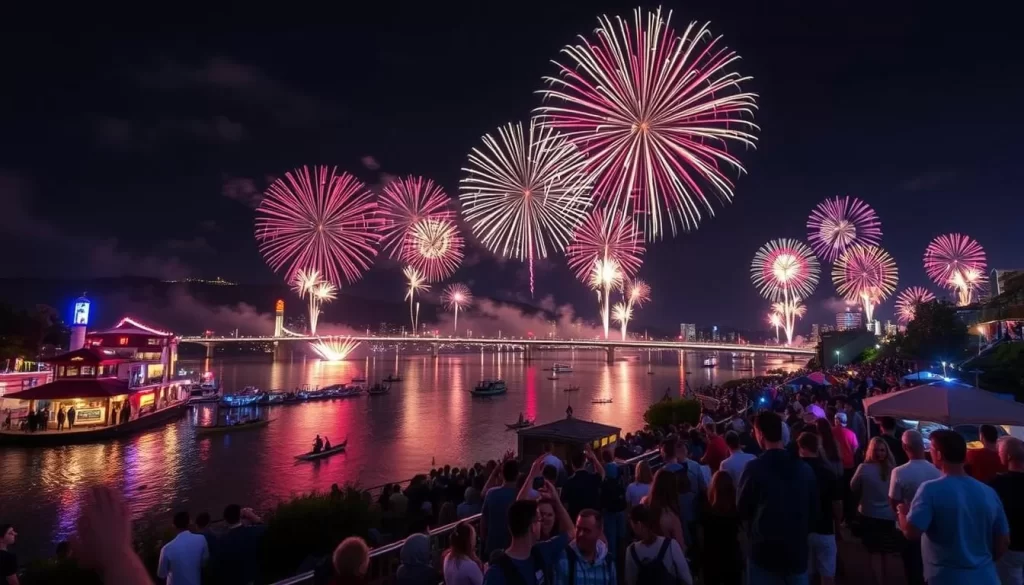 Picture the Toyohira River Fireworks Festival viewing spots filled with spectators enjoying the spectacular display.