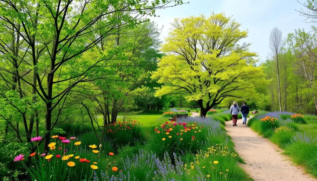 Picture yourself hiking through a trail surrounded by blooming trees and wildflowers.