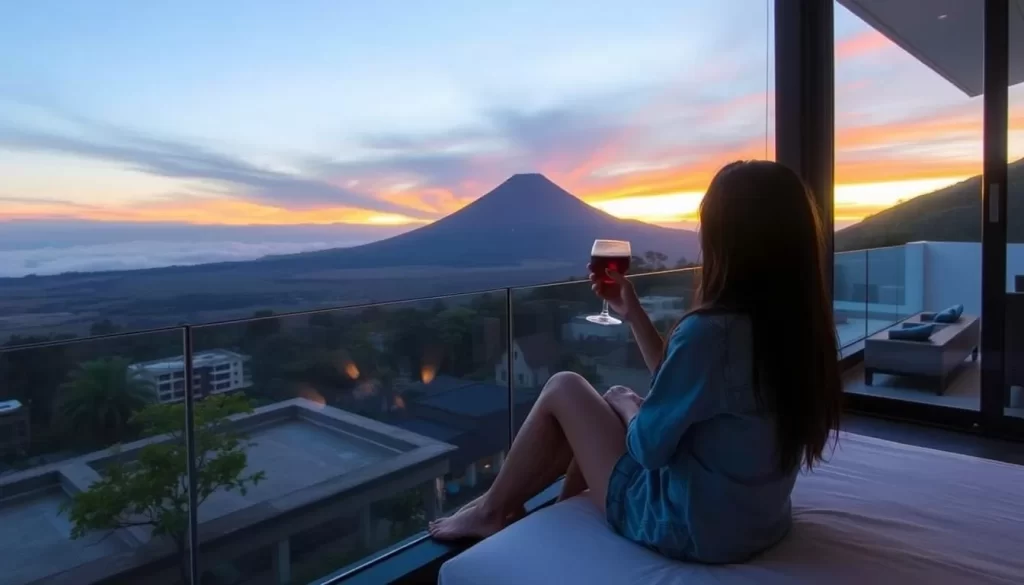 Picture yourself relaxing in a boutique hotel with a rooftop view of Fuego Volcano.