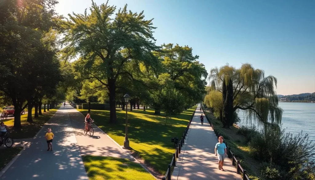 Picturesque Nišava River Promenade in Niš, Serbia, on a sunny afternoon. A tranquil riverside walkway lined with lush greenery and towering trees, creating a serene and family-friendly atmosphere. Sunlight filters through the leaves, casting a warm, inviting glow over the scene. Families stroll along the paved path, children playing, cyclists and joggers enjoying the peaceful setting. In the background, the gently flowing river reflects the surrounding landscape, creating a calming and picturesque vista. Capture the essence of leisurely outdoor activities in this charming Serbian city.