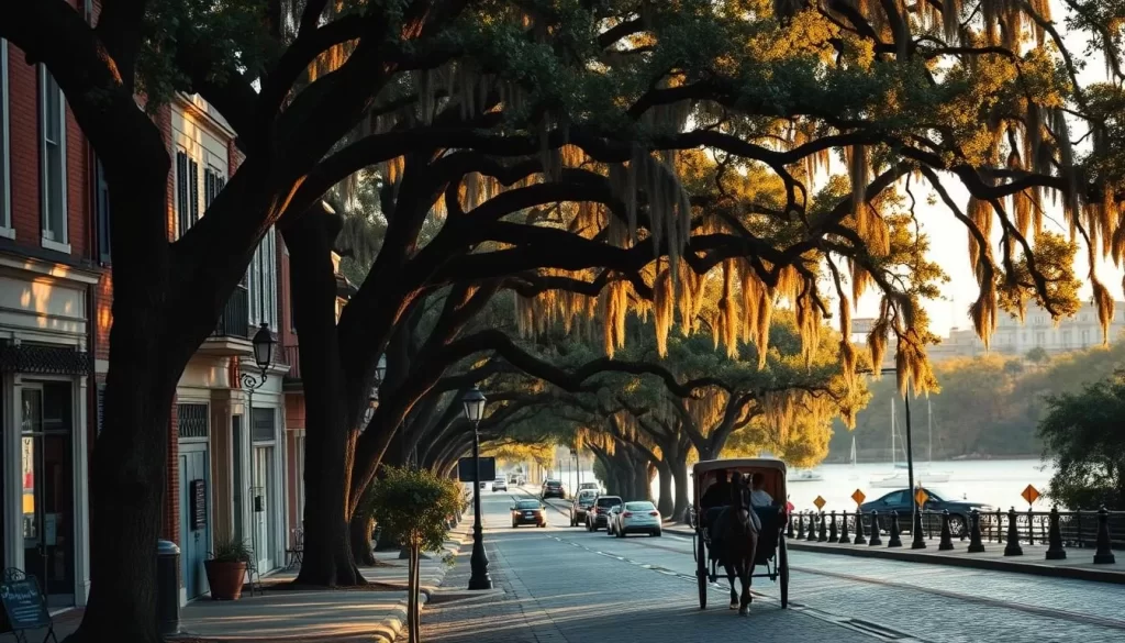 Picturesque historic Georgetown, South Carolina, bathed in golden afternoon light. A charming main street lined with antebellum architecture, oak-shaded sidewalks, and quaint shops. In the foreground, a horse-drawn carriage ambles down the cobblestone road, passengers admiring the weathered storefronts and wrought-iron balconies. Towering live oaks frame the scene, their Spanish moss gently swaying. The serene Sampit River winds through the background, sailboats gliding across its glassy surface. An atmosphere of timeless elegance and unhurried Southern charm permeates the historic district, inviting exploration and discovery.