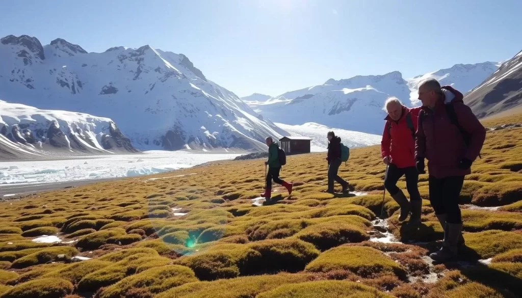 Picturesque landscape of Svalbard's rugged terrain, with snow-capped mountains and glistening glaciers in the background. In the foreground, a group of well-equipped travelers exploring the pristine Arctic tundra, donning warm layers and sturdy hiking boots. Crisp sunlight illuminates the scene, casting long shadows and highlighting the vibrant colors of the mossy ground cover. A cozy cabin or research station can be seen in the middle distance, suggesting the comforts and facilities available to visitors. The overall atmosphere conveys the sense of adventure, wonder, and the need for careful preparation when embarking on a journey to this unique and remote destination.
