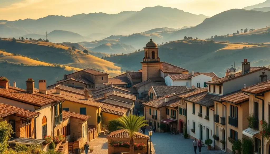 Picturesque rural villages nestled in the rolling hills of Spain, bathed in warm golden sunlight. Charming terracotta-roofed houses, winding cobblestone streets, and colorful window boxes adorned with vibrant flowers. In the foreground, locals go about their daily lives, strolling leisurely or chatting with neighbors. The middle ground reveals a historic stone church, its bell tower rising above the quaint buildings. In the distance, rugged mountain peaks can be seen, creating a stunning natural backdrop. The scene exudes a sense of tranquility and timeless beauty, capturing the essence of responsible tourism in Spain.