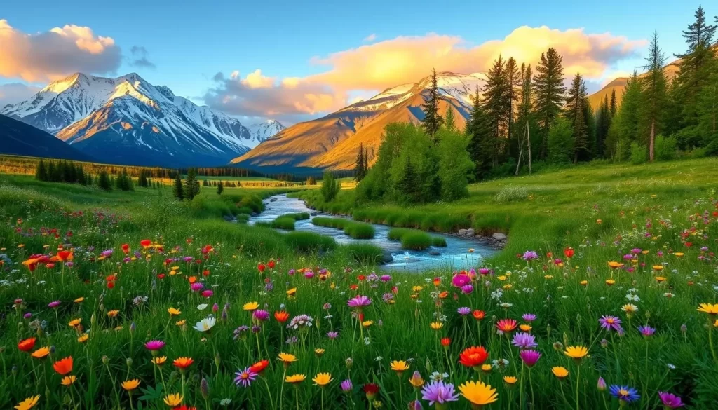 Picturesque springtime landscapes of Alberta, Canada. A serene meadow carpeted with vibrant wildflowers in the foreground, their colors dancing in the gentle breeze. In the middle ground, a babbling brook glistens as it winds through lush, verdant foliage. The background features majestic snow-capped mountains, their peaks kissed by soft, wispy clouds illuminated by the warm, golden sunlight. The scene exudes a tranquil, rejuvenating atmosphere, capturing the essence of Alberta's enchanting springtime beauty.