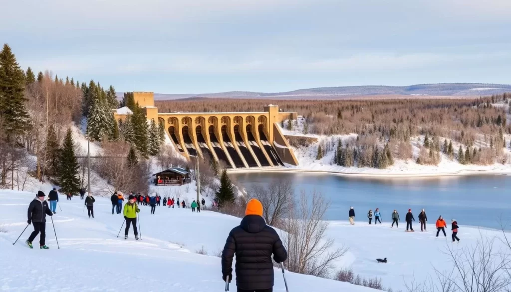 Picturesque winter wonderland at Pinawa Dam Provincial Park, Manitoba. A snowy landscape with the historic dam structure prominently featured, surrounded by a mix of coniferous and deciduous trees. In the foreground, people engaged in various outdoor activities such as cross-country skiing, snowshoeing, and ice skating on the frozen river. The scene is illuminated by soft, natural lighting, creating a serene and peaceful atmosphere. The mid-ground showcases a small group of visitors enjoying a scenic overlook, while the background features more distant hills and forests, blanketed in a pristine layer of snow. The overall composition captures the beauty and tranquility of this Manitoba gem during the winter season.