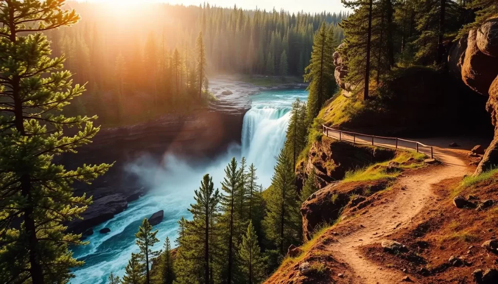 Pisew Falls Provincial Park, a stunning natural wonder nestled in the heart of Manitoba's rugged landscape. A lush, verdant forest frames the dramatic cascade of the Grass River, its thundering waters crashing over the ancient rocks. Sunlight dapples the scene, casting a warm, golden glow that illuminates the mist rising from the falls. In the foreground, a winding trail leads visitors to the edge of the precipice, offering a breathtaking vantage point to admire the power and beauty of this natural marvel. The calm, serene atmosphere invites a moment of contemplation, as one stands in awe of the timeless majesty of Pisew Falls.