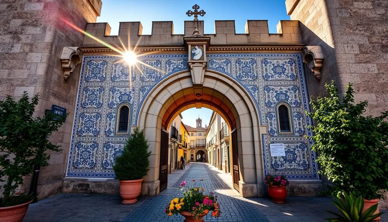 Porta da Vila, the magnificent 14th-century gate to the historic town of Óbidos, Portugal. Bathed in warm sunlight, its façade shines with intricate azulejos (traditional Portuguese tiles) in a vibrant palette of blues, whites, and greens. The gate's majestic archway frames the charming cobblestone streets beyond, inviting visitors to step into a world of rich cultural heritage. Ornate architectural details, such as the ornamental corbels and crenellated roofline, lend an air of grandeur to this iconic landmark. In the foreground, lush potted plants and blooming flowers add a touch of natural beauty, complementing the gate's stunning visuals. The scene exudes a sense of timeless elegance, perfectly capturing the essence of Óbidos and its captivating Porta da Vila.