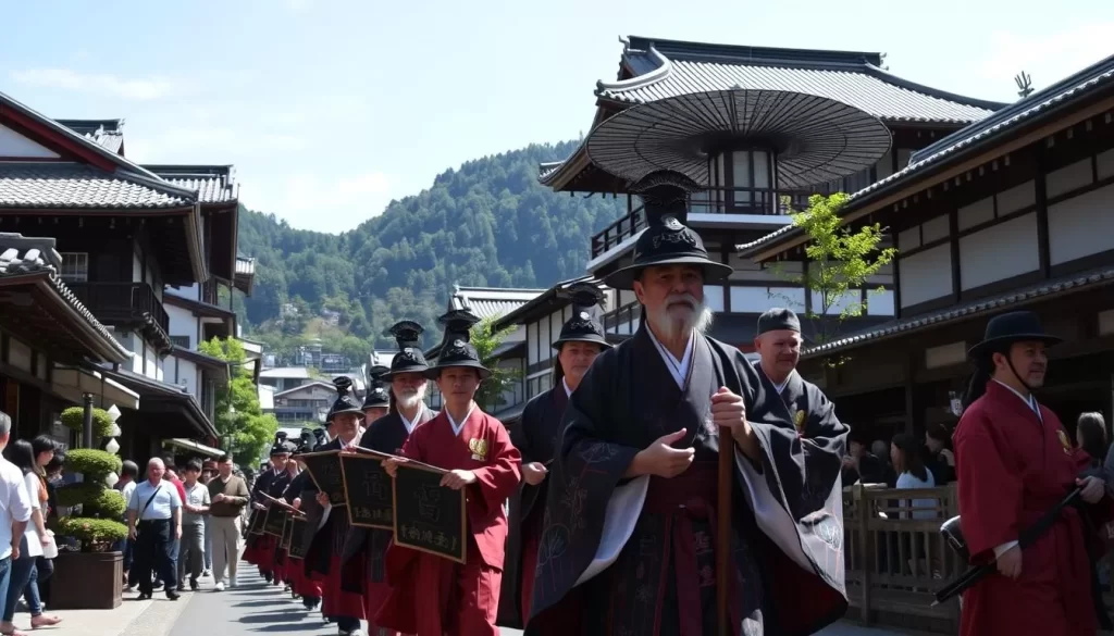 Procession of feudal lords in traditional attire marching through the streets of Hakone
