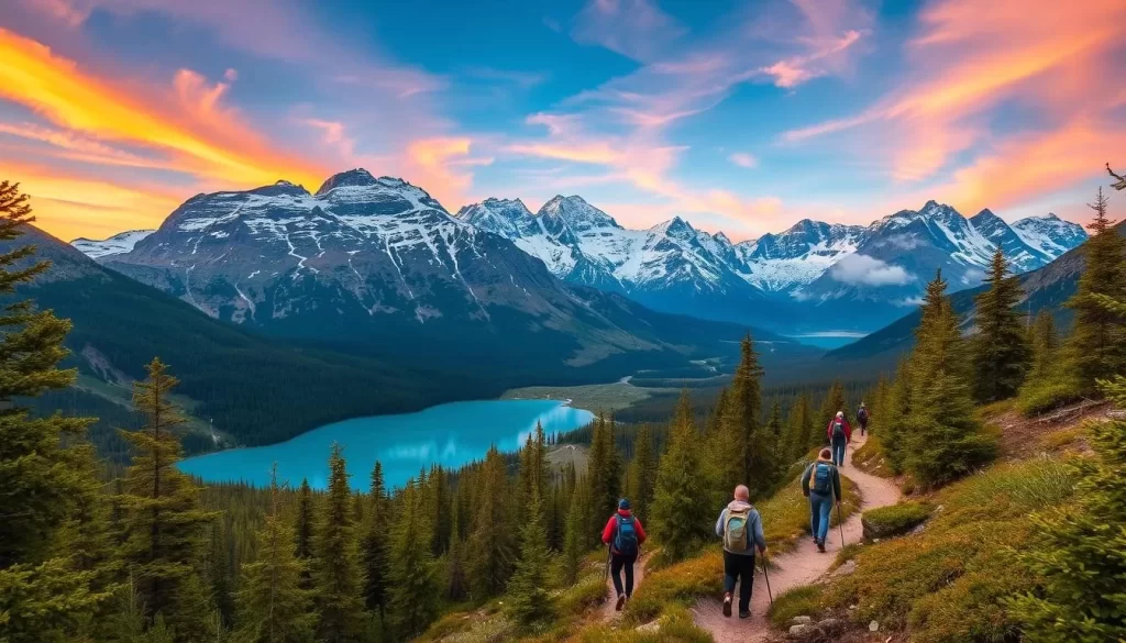 Rugged peaks rise majestically against a vibrant sky, their snow-capped summits glistening in the warm sunlight. A crystal-clear lake nestled in the valley below reflects the serene landscape, its calm waters inviting adventurers to explore. Lush forests of evergreens frame the scene, their verdant canopies rustling in the gentle breeze. In the foreground, a group of hikers traverse a winding trail, their backpacks and hiking gear suggesting an exciting journey through the untamed wilderness of Iaik National Park, Northwest Territories. Capture the thrill of outdoor adventure in this stunning alpine paradise.
