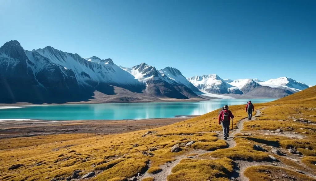 Rugged, snow-capped mountains rising majestically against a clear, azure sky. Trekkers navigating a winding path, backpacks in tow, surrounded by the untamed wilderness of Ellesmere Island. A glacial lake reflects the serene, pristine beauty of the Arctic tundra, its turquoise waters complementing the lush green mosses and lichens. A hint of wildlife, perhaps a caribou or arctic fox, adding to the sense of adventure and exploration. Dramatic lighting casts long shadows, evoking the grandeur and remoteness of this northernmost Canadian territory. A panoramic, cinematic perspective captures the essence of the ultimate Arctic adventure.