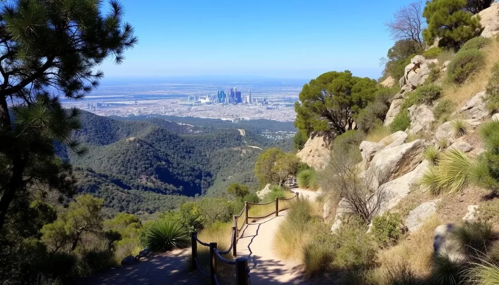 Runyon Canyon Park hiking trails with a view of Los Angeles
