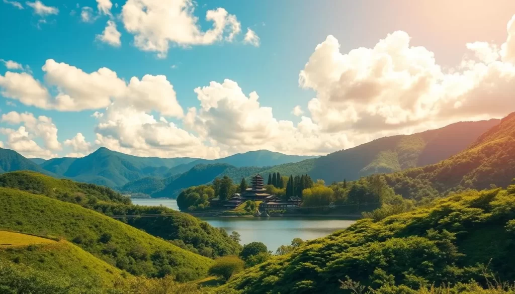Scenic landscape of Ehime Prefecture, Japan, showcasing its diverse climate. Lush, verdant hills in the foreground give way to a tranquil lake, its surface mirroring the surrounding peaks. Fluffy white clouds drift across a bright, azure sky, casting gentle shadows on the idyllic scene. In the middle ground, traditional Japanese architecture nestles amongst towering trees, blending harmoniously with the natural environment. The warm, golden light of a pleasant day illuminates the peaceful setting, inviting the viewer to experience the temperate, four-season climate of this captivating region.