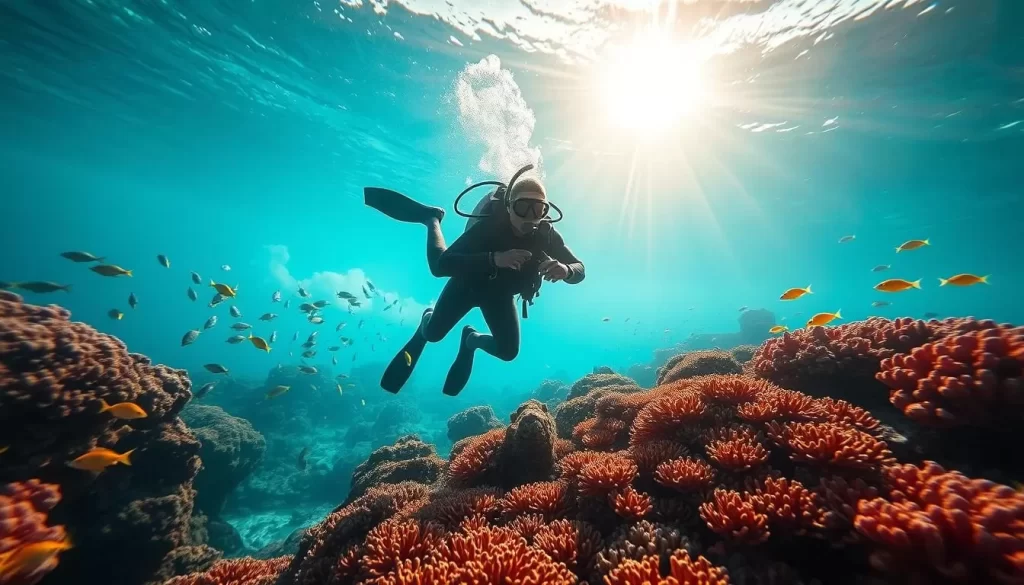 Scuba diver exploring vibrant coral reef, bathed in warm sunlight filtering through crystal-clear turquoise waters. Sleek wetsuit, bubbles trailing, as they glide effortlessly through the underwater paradise, surrounded by schools of colorful tropical fish. Dramatic seascape in the background, with sunbeams cascading down, creating a sense of wonder and tranquility. Crisp, high-resolution image captured with a wide-angle lens, showcasing the immersive, awe-inspiring experience of scuba diving in the Seychelles.