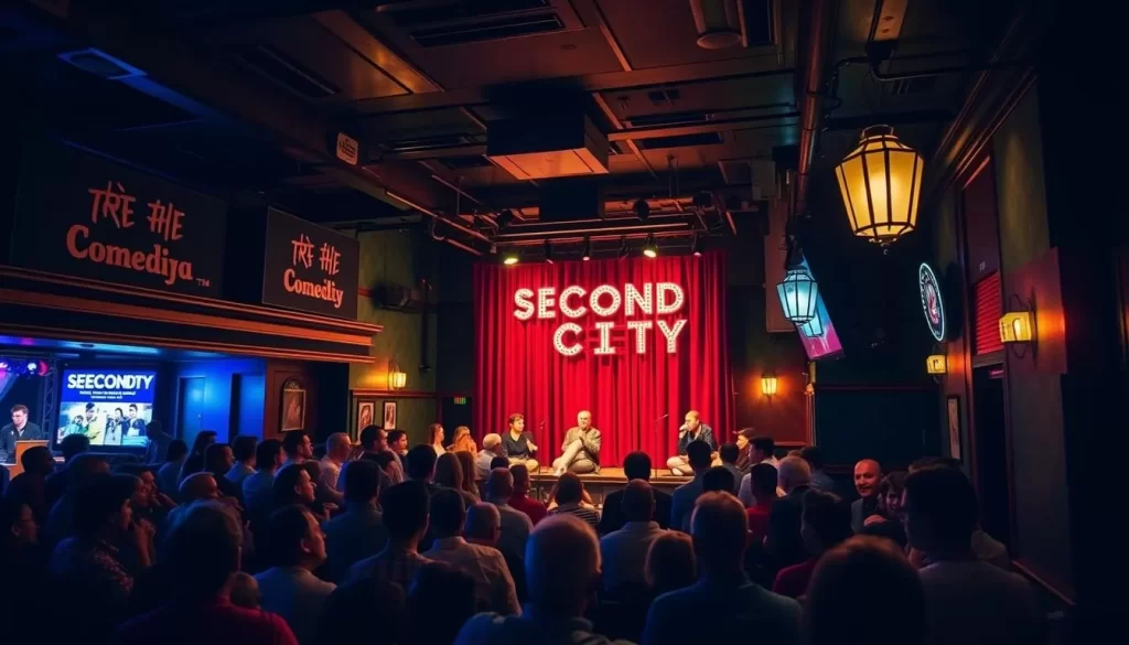 Second City comedy club interior with stage and audience
