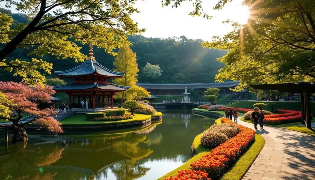 Sengan-en, a sprawling traditional Japanese garden in Kagoshima, hosts an enchanting Chrysanthemum Festival each autumn. Capture the vibrant blooms against a backdrop of lush greenery and manicured landscapes. Frame the ornate pavilions and pagodas in the foreground, their reflection rippling in the calm waters. Sunlight filters through the trees, casting a warm, golden glow over the scene. Visitors stroll along the winding paths, admiring the intricate chrysanthemum displays and taking in the serene, quintessentially Japanese atmosphere. Convey the tranquil beauty and cultural heritage of this seasonal celebration in Kagoshima.