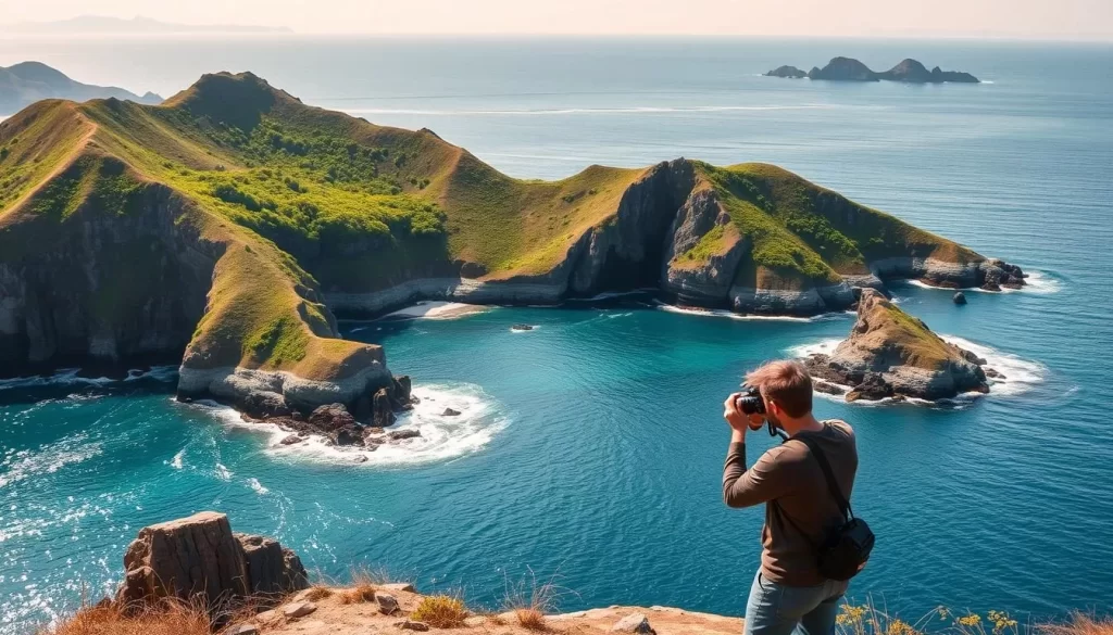 Senkaku Islands, a remote archipelago in the East China Sea, bathed in warm sunlight. A breathtaking coastal landscape with rugged, windswept cliffs and azure waters lapping at the shores. In the foreground, a photographer carefully composes their shot, capturing the harmony of nature and the tranquility of the scene. The middle ground features lush, verdant vegetation clinging to the rocky terrain, while the background showcases the distant, hazy silhouettes of other islands on the horizon. The image evokes a sense of solitude and exploration, inviting the viewer to experience the unspoiled beauty of this unique and captivating location.