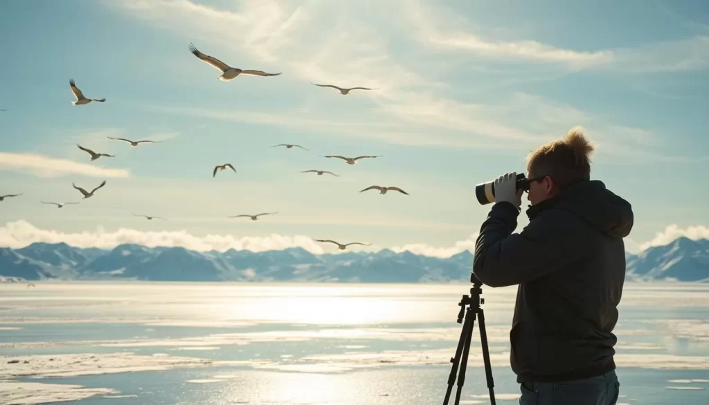 Serene Arctic landscape, with a flock of migratory birds soaring gracefully across the crystal-clear sky. In the foreground, a birder armed with binoculars and a long telephoto lens, capturing the majestic creatures against the backdrop of snow-capped mountain ranges and glistening lakes. Warm, golden sunlight filters through wispy clouds, creating a picturesque scene that evokes the tranquility and wonder of birdwatching in this remote, untamed wilderness. Crisp, clean details and a sense of depth and perspective, conveying the scale and grandeur of the Arctic environment.