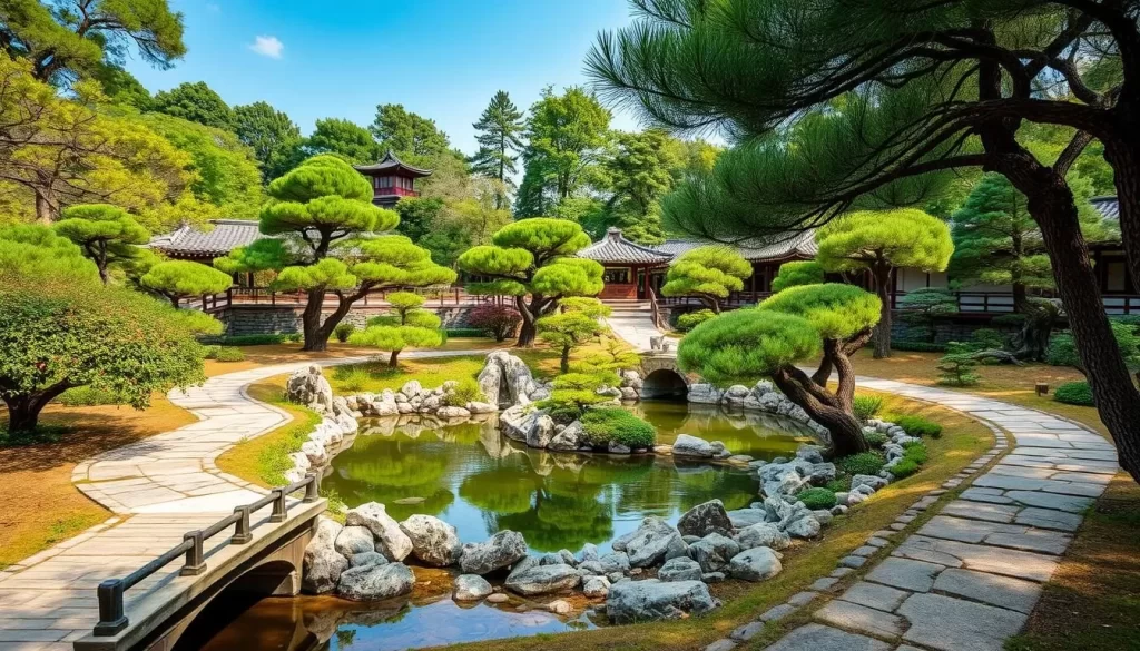 Serene Japanese garden with stony bridges, footpaths, and a central pond surrounded by rockwork and manicured trees.