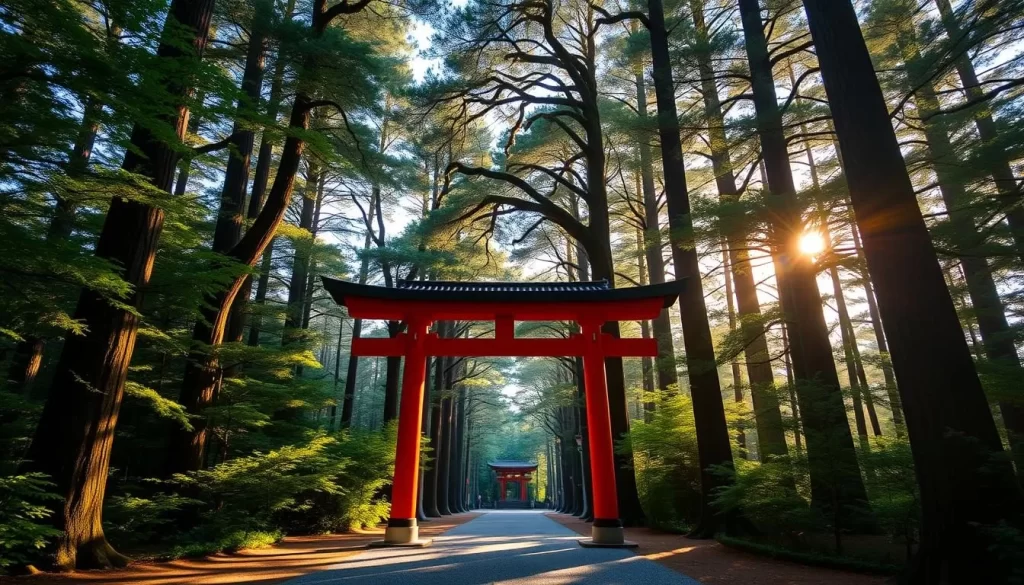 Serene Sanctuary: A towering vermilion torii gate stands proud at the entrance of the lush, verdant Meiji Shrine forest, its intricate beams casting warm shadows across the gravel path. Tall, ancient cryptomeria trees line the way, their branches stretching skyward, filtering the soft, golden sunlight that dapples the ground. The air is filled with the soothing scent of greenery and the gentle whispers of the wind as it rustles the leaves. A tranquil atmosphere of reverence and contemplation pervades the scene, inviting visitors to immerse themselves in the sacred ambiance of this hallowed place.