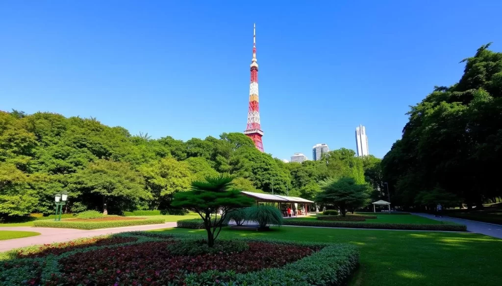 Shiba Park Tokyo with Tokyo Tower in the background