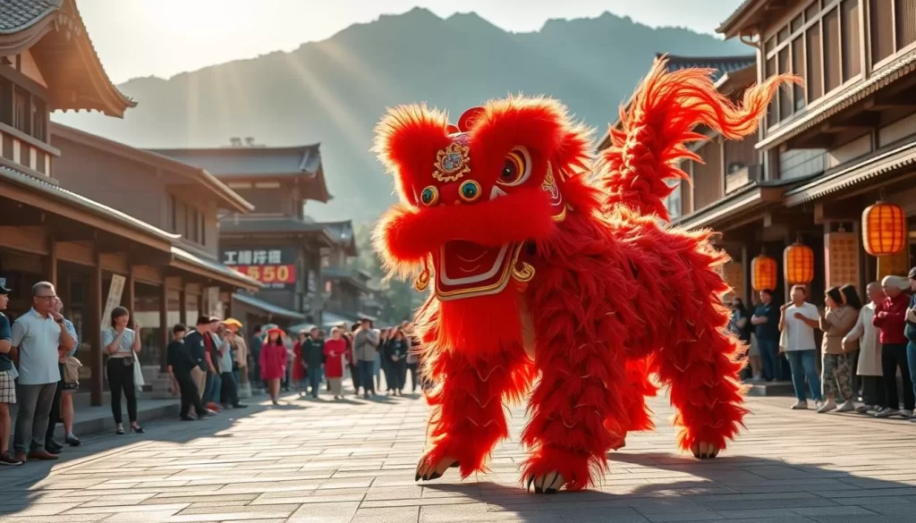 Shishimai: a majestic lion dance performance in the bustling streets of Toyama Prefecture. Vibrant crimson and gold costumes sway in the gentle breeze, as two performers skillfully maneuver the lion's graceful movements. In the background, traditional wooden architecture and towering mountains create a breathtaking landscape. Warm sunlight filters through the scene, casting a soft, ethereal glow. The lion's eyes sparkle with life, its open mouth conveying a sense of power and vitality. Onlookers watch in awe, captivated by the centuries-old tradition unfolding before them. A joyous and colorful celebration of Toyama's rich cultural heritage.